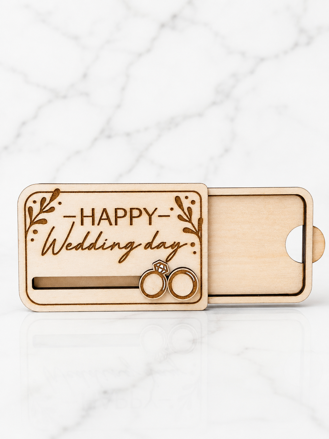 Wooden wedding gift card holder with happy wedding day engraving and sliding insert design