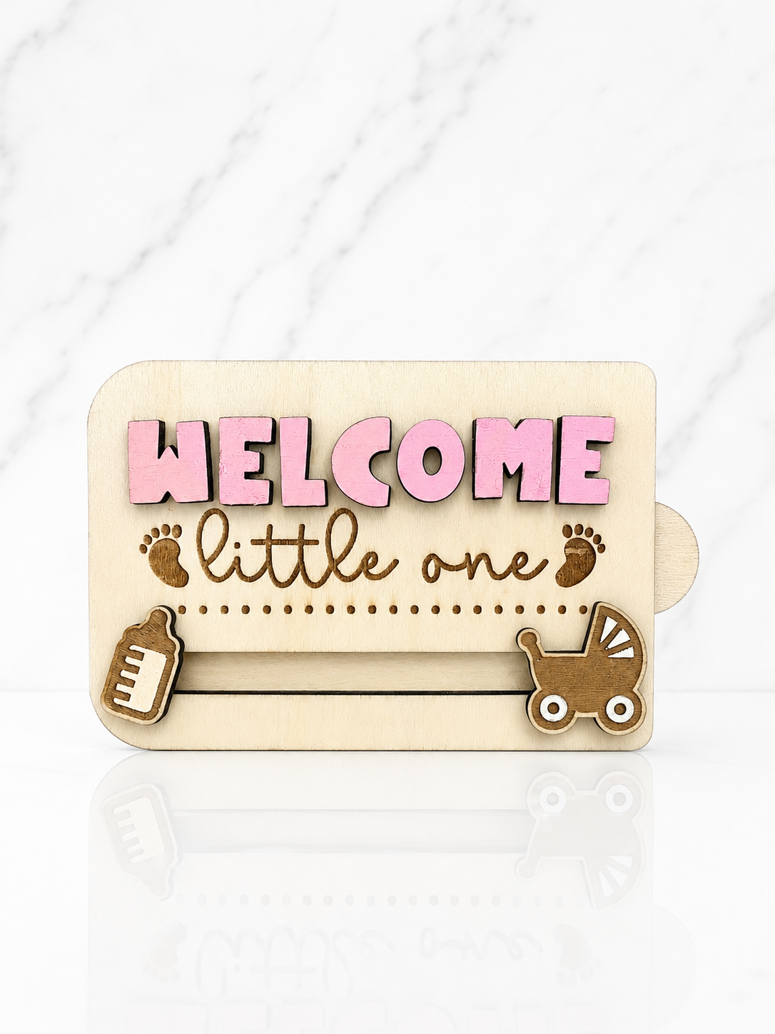 Laser engraved wooden baby gift card holder with welcome little one text and baby themed icons