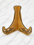 Close up of wooden display stand with decorative cut detail for personalised heart puzzle