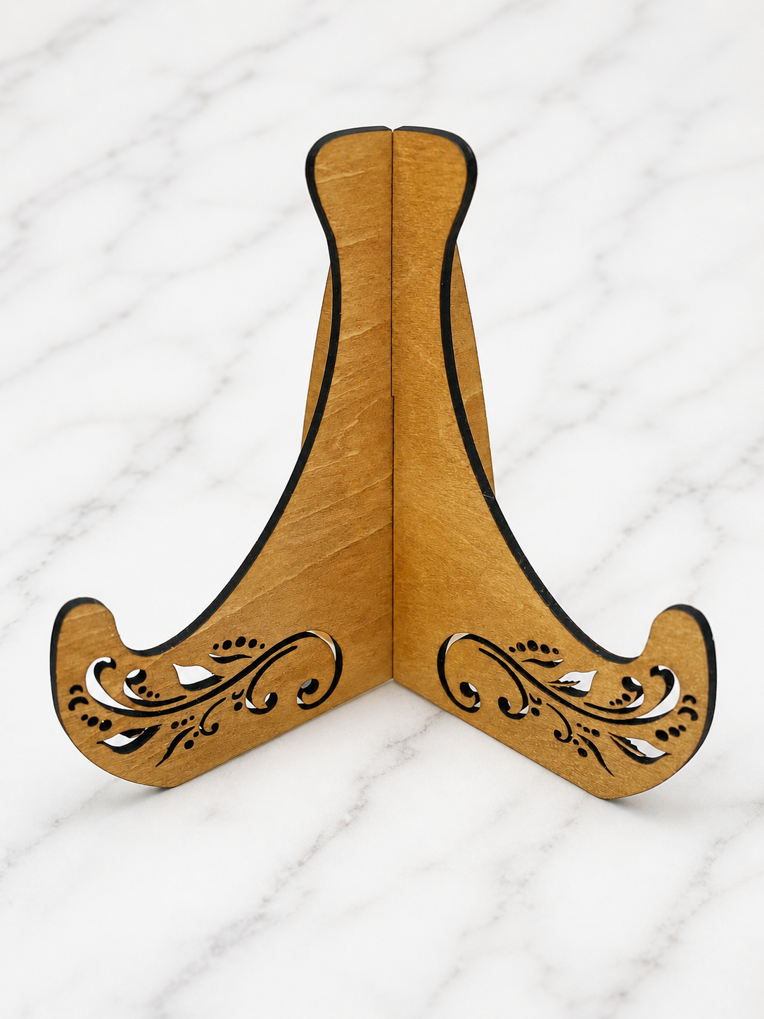 Close up of wooden display stand with decorative cut detail for personalised heart puzzle