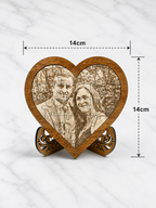 Personalised wooden heart photo puzzle with engraved image showing 14cm size dimensions with display stand