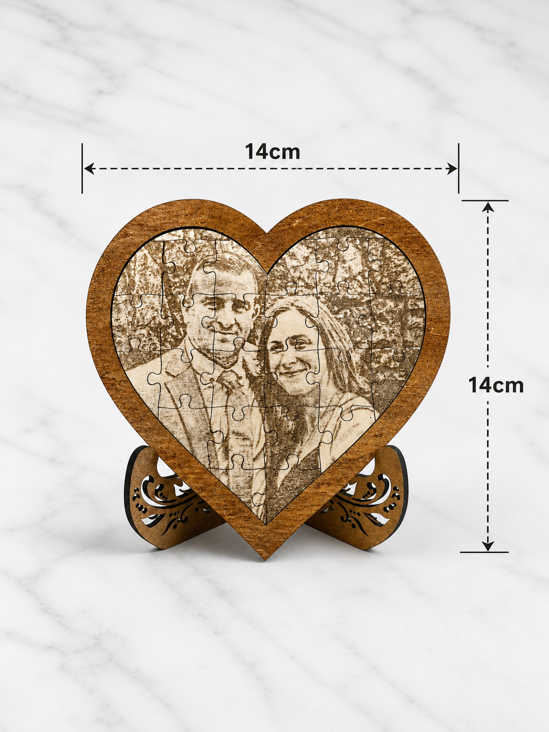 Personalised wooden heart photo puzzle with engraved image showing 14cm size dimensions with display stand