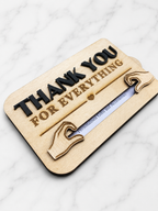 Engraved wooden gift card holder with thank you for everything message and sliding card insert design