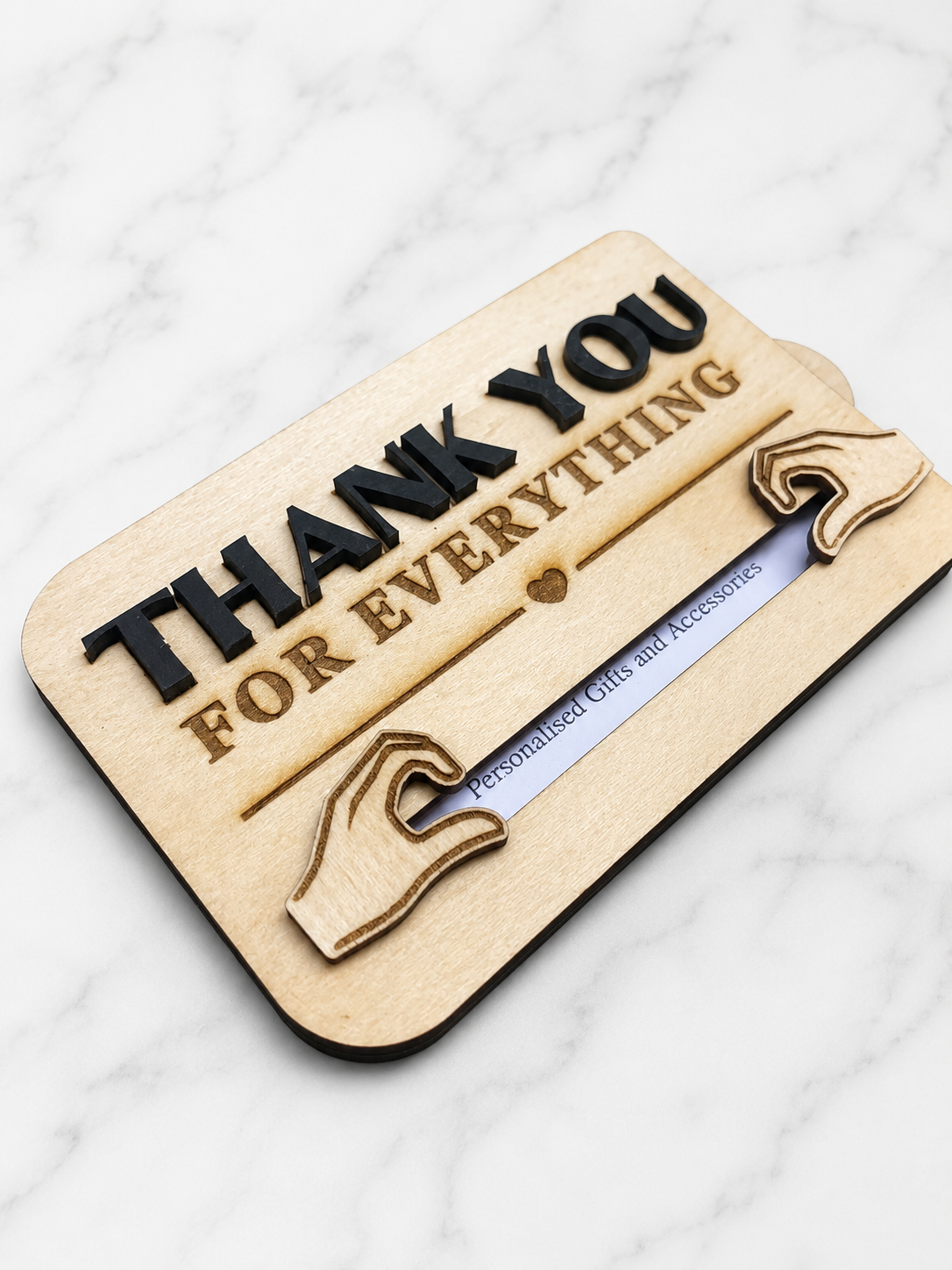 Engraved wooden gift card holder with thank you for everything message and sliding card insert design