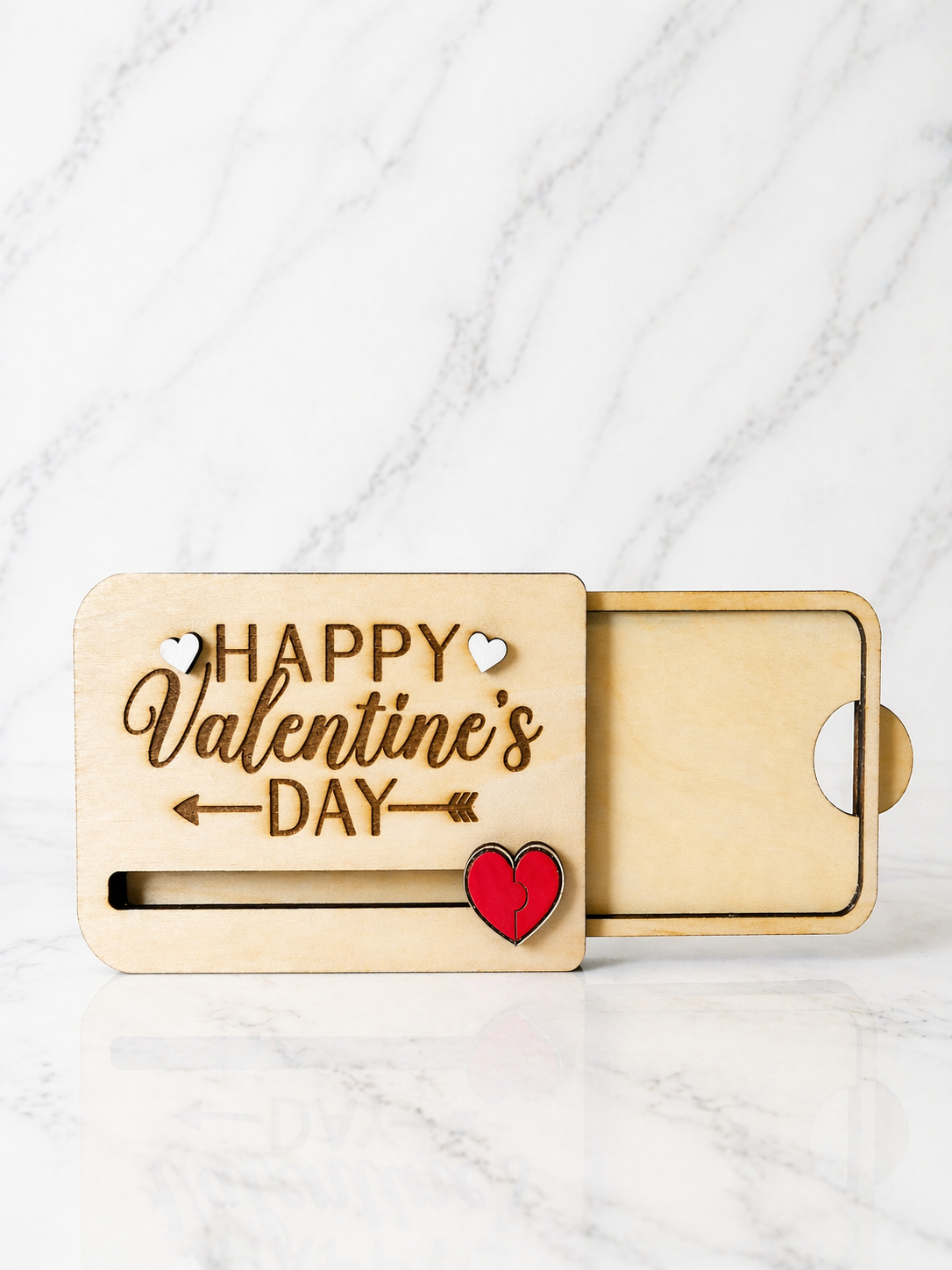 Wooden Valentine’s Day gift card holder with sliding compartment open to hold gift card